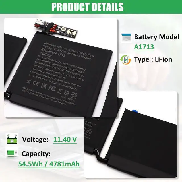 Alt view image 2 of 7 - A2171 A1713 Laptop Battery Replacement for MacBook Touch Pro A1708(2016,2017) A2159(2019) A2289(2020) A2338(M1, 2020) EMC 3301 3456 3578 MUHN2LL/A MUHN2B/A MUHP2LL/A 11.4V
