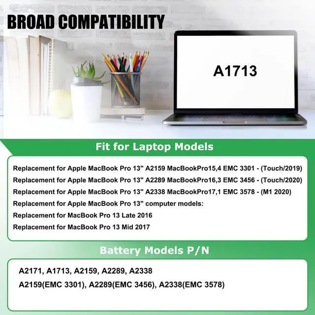 Alt view image 3 of 7 - A2171 A1713 Laptop Battery Replacement for MacBook Touch Pro A1708(2016,2017) A2159(2019) A2289(2020) A2338(M1, 2020) EMC 3301 3456 3578 MUHN2LL/A MUHN2B/A MUHP2LL/A 11.4V