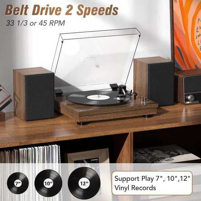 Alt view image 2 of 6 - Vinyl Record Player with 24W HiFi Stereo Speakers Vintage Bluetooth Turnable for Vinyl Records with Belt Drive 2-Speed, Magnetic Cartridge RCA Output BT5.3