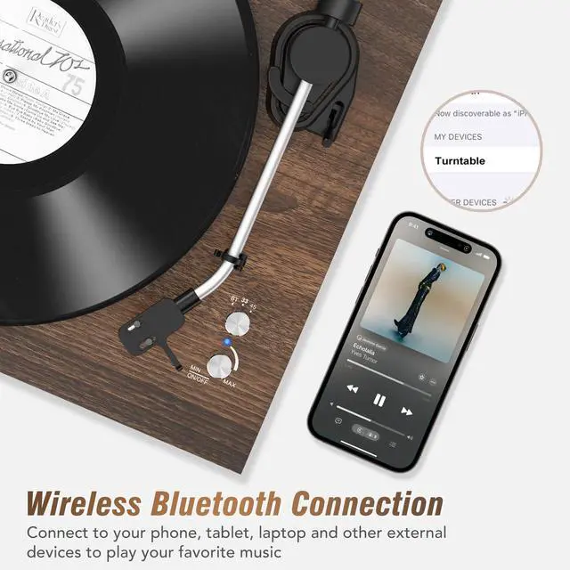 Alt view image 5 of 6 - Vinyl Record Player with 24W HiFi Stereo Speakers Vintage Bluetooth Turnable for Vinyl Records with Belt Drive 2-Speed, Magnetic Cartridge RCA Output BT5.3