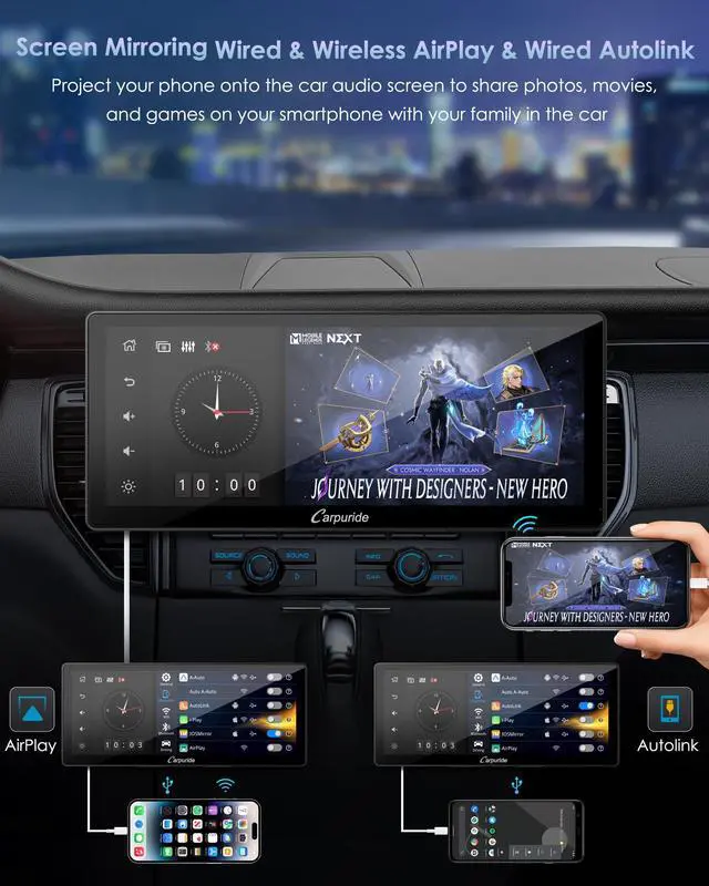 Alt view image 6 of 7 - 10.3" Double Din Car Stereo with Wireless CarPlay & Android Auto | Car Radio Detachable Floating Touchscreen Car Audio Receivers with Bluetooth EQ Subwoofer Backup Camera, Mirror Link, SWC