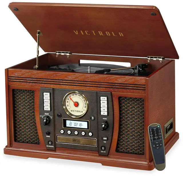 Main image of Aviator 8-in-1 Bluetooth Record Player & Multimedia Center with Built-in Stereo Speakers - 3-Speed Turntable, Vinyl to MP3 Recording, Wireless Music Streaming, Mahogany