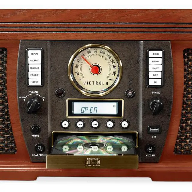 Alt view image 2 of 5 - Aviator 8-in-1 Bluetooth Record Player & Multimedia Center with Built-in Stereo Speakers - 3-Speed Turntable, Vinyl to MP3 Recording, Wireless Music Streaming, Mahogany