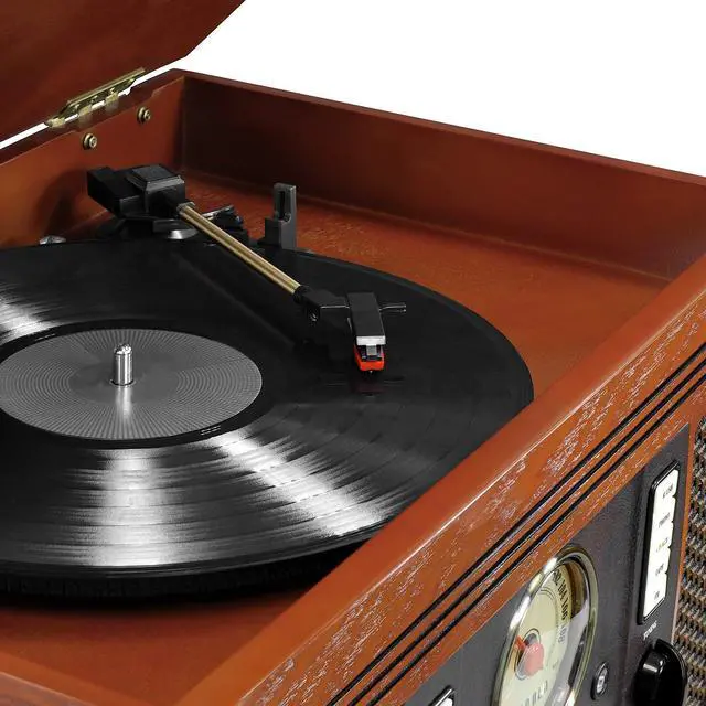 Alt view image 3 of 5 - Aviator 8-in-1 Bluetooth Record Player & Multimedia Center with Built-in Stereo Speakers - 3-Speed Turntable, Vinyl to MP3 Recording, Wireless Music Streaming, Mahogany