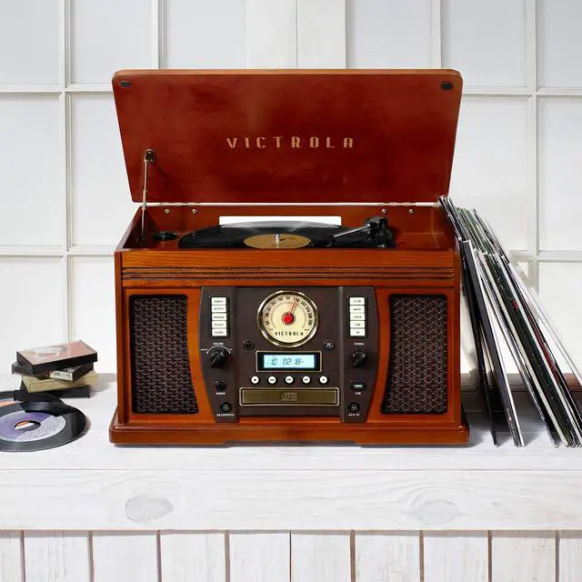 Alt view image 5 of 5 - Aviator 8-in-1 Bluetooth Record Player & Multimedia Center with Built-in Stereo Speakers - 3-Speed Turntable, Vinyl to MP3 Recording, Wireless Music Streaming, Mahogany