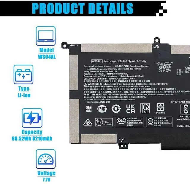Alt view image 2 of 7 - WS04XL L97357-005 Laptop Battery Replacement for HP Spectre x360 14-EA 14T-EA000 14-EA0007NA 14-EA0002NI 14-EA0002NX 14-EA0003NS 14-EA0378NG 14-EA0023DX Series WSO4XL HSTNN-DB9Z L97352-2D1 66.52Wh