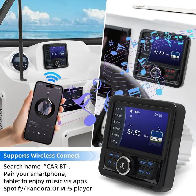 Alt view image 2 of 7 - Marine Boat Stereo Gauge Receiver - Audio Systems, 3.9 Inch Video Playback, Wireless Connection, AM/FM, USB Port, AUX, No CD DVD Player Radio Receiver, MP5 Player Radio Receiver
