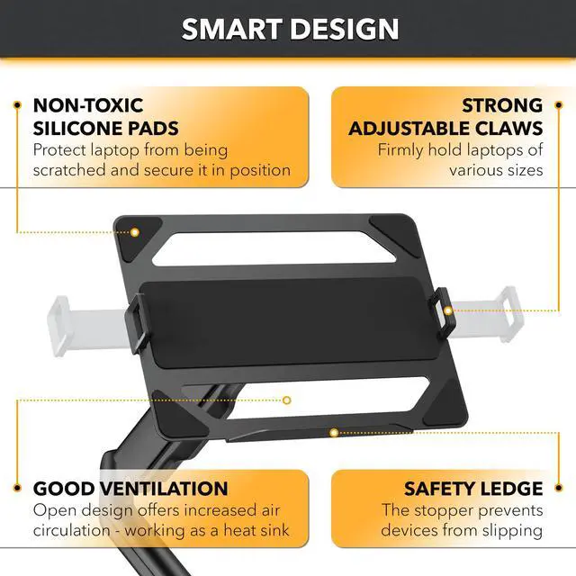 Alt view image 2 of 7 - LTP8017 Laptop Wall Mount | Spring-Assisted Arm for 17"32" Screens, Free-Tilting VESA Laptop Holder, Space-Saving Design, Heavy-Duty Build, Matte Black Finish, Easy DIY Installation