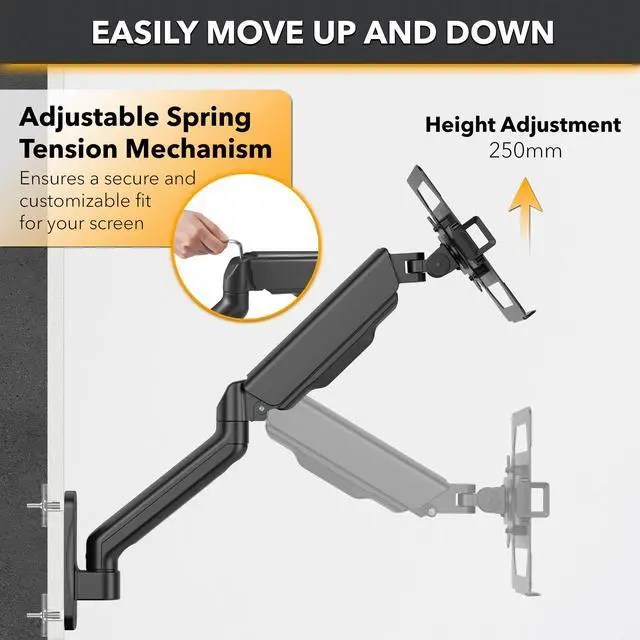 Alt view image 3 of 7 - LTP8017 Laptop Wall Mount | Spring-Assisted Arm for 17"32" Screens, Free-Tilting VESA Laptop Holder, Space-Saving Design, Heavy-Duty Build, Matte Black Finish, Easy DIY Installation