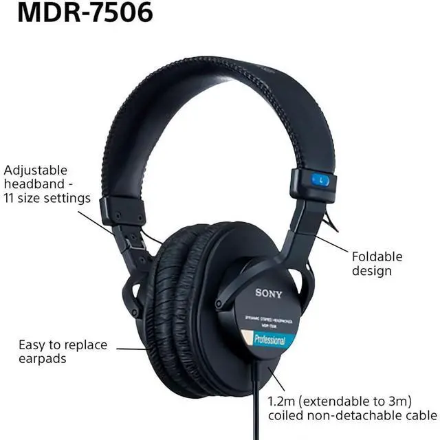 Alt view image 5 of 7 - MDR7506 Professional Large Diaphragm Headphones Bundle with Headphone Case Black and 1 YR CPS Enhanced Protection Pack