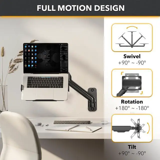 Alt view image 5 of 7 - LTP8017 Laptop Wall Mount | Spring-Assisted Arm for 17"32" Screens, Free-Tilting VESA Laptop Holder, Space-Saving Design, Heavy-Duty Build, Matte Black Finish, Easy DIY Installation
