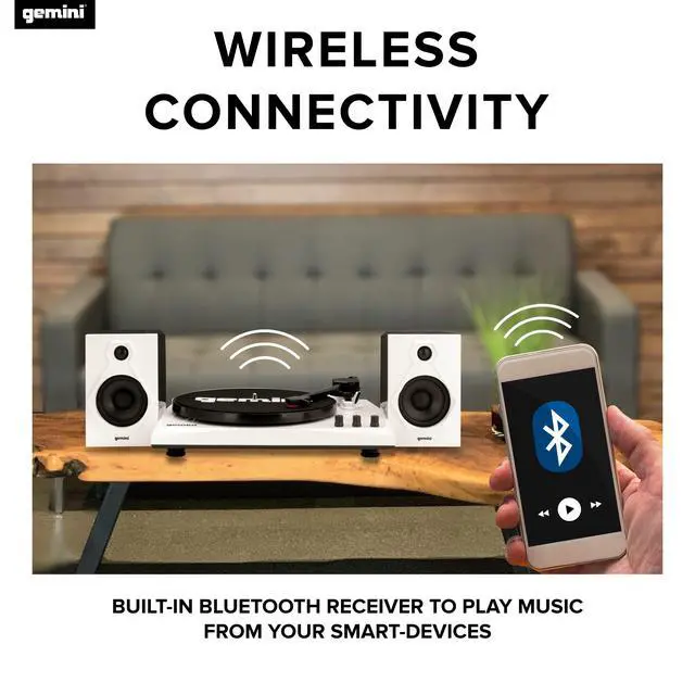 Alt view image 2 of 6 - Bluetooth Turntable with Built-in Speakers, White (TT-900BW) | Bluetooth turntable with built-in speakers - 3-speed, ceramic cartridge - RCA output - easy setup