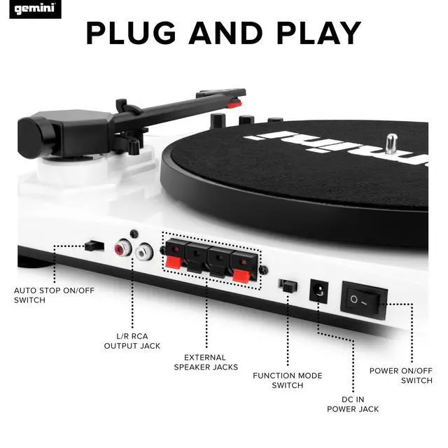 Alt view image 6 of 6 - Bluetooth Turntable with Built-in Speakers, White (TT-900BW) | Bluetooth turntable with built-in speakers - 3-speed, ceramic cartridge - RCA output - easy setup
