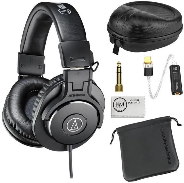 Main image of ATH-M30x Professional Monitor Headphones (Black) Bundle with USB-C Headphone Adapter w/Built-in DAC + Headphone Case + Cleaning Cloth (4 Items)