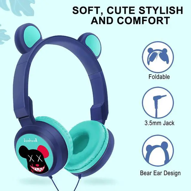 Alt view image 2 of 4 - Kids Wired Headphone for Electronic Drum Set. Foldable and Adjustable, Bear Ear Design 3.5mm Jack