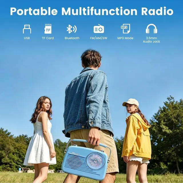Alt view image 2 of 6 - Portable Radio AM FM Shortwave Vintage Radio, Bluetooth Speaker Plug in Wall, Support USB Drive/TF Card, Easy to Use Large Dial for Seniors Elderly (Blue)