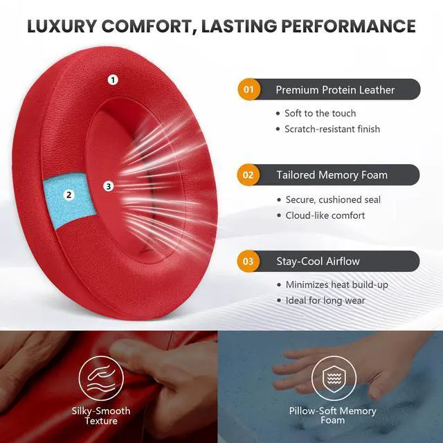 Alt view image 2 of 6 - Replacement Ear Pads Cushions for Beats Studio 2 & 3 Wireless Headphones, Earpads Covers Compatible with Studio 2.0 & 3.0 (B0501, B0500, A1914), Softer Memory Foam, Better Noise Isolation (Red)