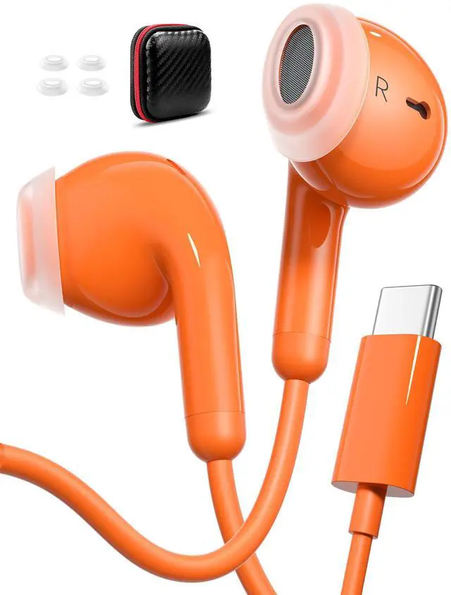 Main image of USB C Earbuds for iPhone 17 Pro Max Air 16 15 Plus/iPad Air Orange | Wired Headphones for Android with Mic Type C Plug HiFi Stereo Earphones for Samsung Galaxy S25 S26 Ultra S24 S23 Pixel 9a 8a