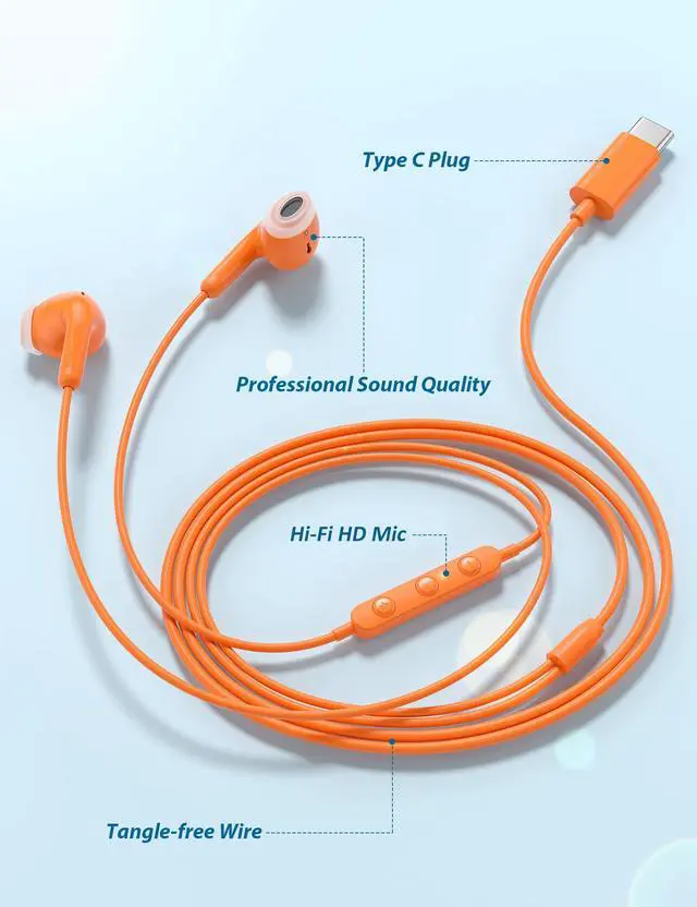Alt view image 2 of 6 - USB C Earbuds for iPhone 17 Pro Max Air 16 15 Plus/iPad Air Orange | Wired Headphones for Android with Mic Type C Plug HiFi Stereo Earphones for Samsung Galaxy S25 S26 Ultra S24 S23 Pixel 9a 8a