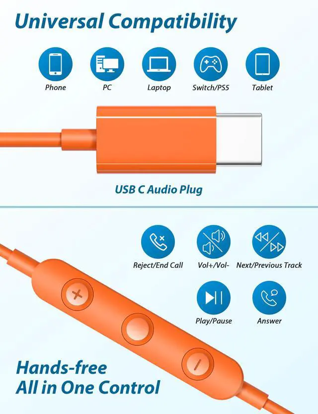 Alt view image 6 of 6 - USB C Earbuds for iPhone 17 Pro Max Air 16 15 Plus/iPad Air Orange | Wired Headphones for Android with Mic Type C Plug HiFi Stereo Earphones for Samsung Galaxy S25 S26 Ultra S24 S23 Pixel 9a 8a