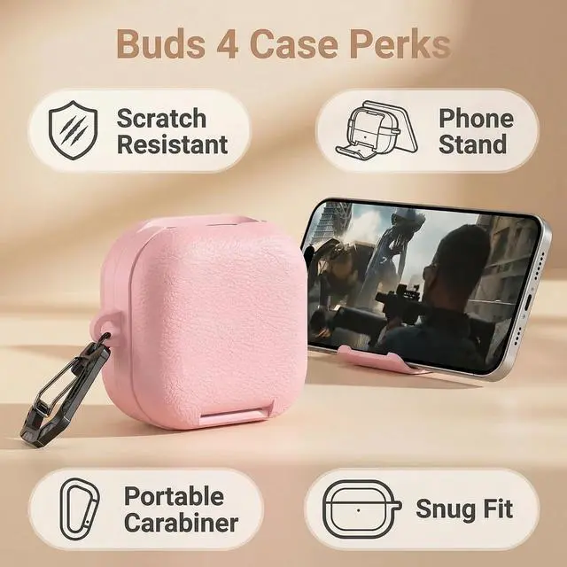 Alt view image 2 of 7 - Case for Samsung Galaxy Buds 4 & Galaxy Buds 4 Pro (2026),Case Compatible with Samsung Buds 4 / Buds 4 Pro,Leather Texture Earbud Cover with Integrated Phone Stand Secure Lock Buckle,Sturdy Carabiner