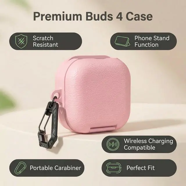 Alt view image 4 of 7 - Case for Samsung Galaxy Buds 4 & Galaxy Buds 4 Pro (2026),Case Compatible with Samsung Buds 4 / Buds 4 Pro,Leather Texture Earbud Cover with Integrated Phone Stand Secure Lock Buckle,Sturdy Carabiner