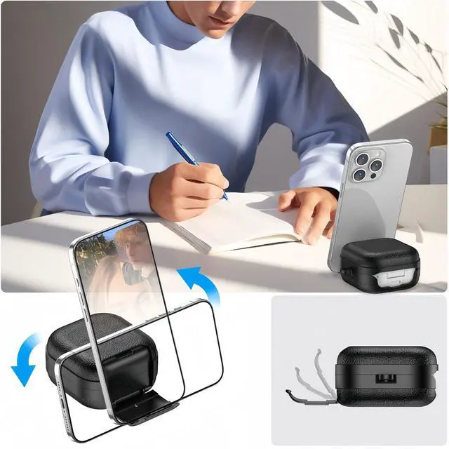 Alt view image 6 of 7 - Case for Samsung Galaxy Buds 4 & Galaxy Buds 4 Pro (2026),Case Compatible with Samsung Buds 4 / Buds 4 Pro,Leather Texture Earbud Cover with Integrated Phone Stand Secure Lock Buckle,Sturdy Carabiner