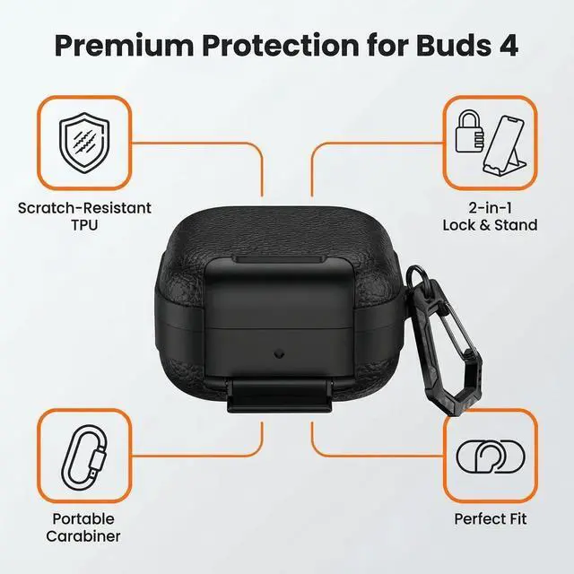 Alt view image 2 of 7 - Case for Samsung Galaxy Buds 4 & Galaxy Buds 4 Pro (2026),Case Compatible with Samsung Buds 4 / Buds 4 Pro,Leather Texture Earbud Cover with Integrated Phone Stand Secure Lock Buckle,Sturdy Carabiner