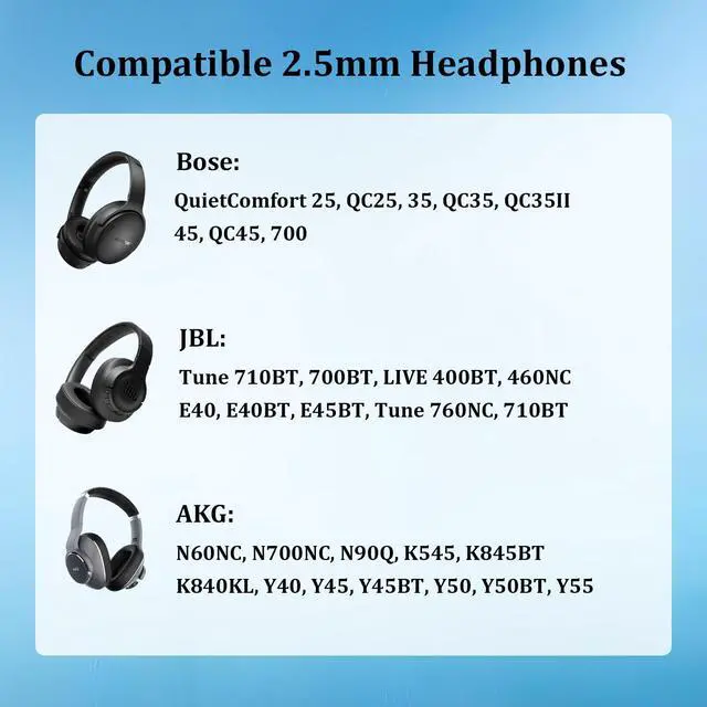 Alt view image 2 of 6 - Bose Headphones Replacement Audio Cable, 3.5mm to 2.5mm Aux Cord, White | Compatible with Bose QuietComfort 25 QC25 35 QC35 QC35II 45 QC45 700, JBL E45BT E55BT E65BTNC AKG Headphones