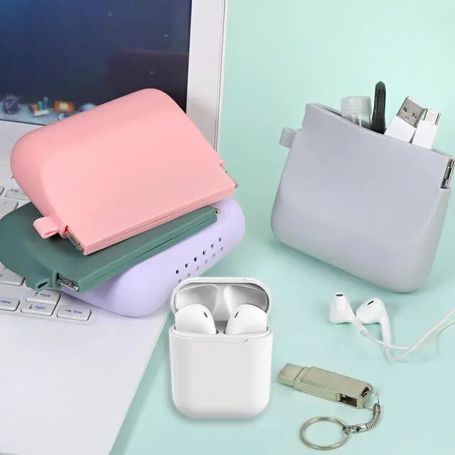 Alt view image 6 of 7 - Silicone Headphone Organizer Wired Earbud Case Pouch, Portable Data Cable Organizer Case, Silicone Coin Purse Pouch Change Holder for Women and Men (Small, Green+Gray)