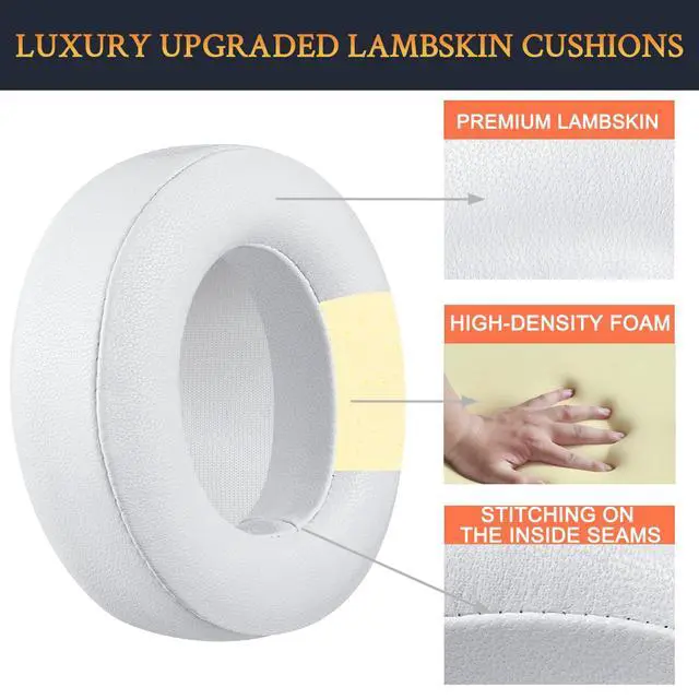 Alt view image 4 of 5 - Lambskin Replacement Ear Pads Cushions for Beats Studio 2 & Studio 3 Wired & Wireless Headphones, Earpads with Noise Isolation Memory Foam, Added Thickness - White