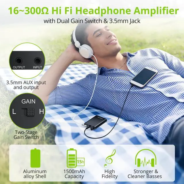 Alt view image 5 of 6 - Professional 16-300 Headphone Amplifier Portable Headphone Volume Amplifier Rechargeble Headphone Amp Desktop Amp with 3.5mm Jack & A Gain Switch for MP3 MP4 Phones and Computers etc