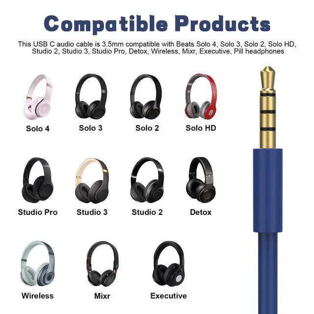 Alt view image 2 of 7 - USB C Audio Cable Cord Wire with In-line Microphone & Control Compatible with Beats Headphones Solo 4/3/2, Studio, Studio Pro, Pro, Detox, Wireless, Mixr, Executive, Pill for IPhone 17/16 (Blue)