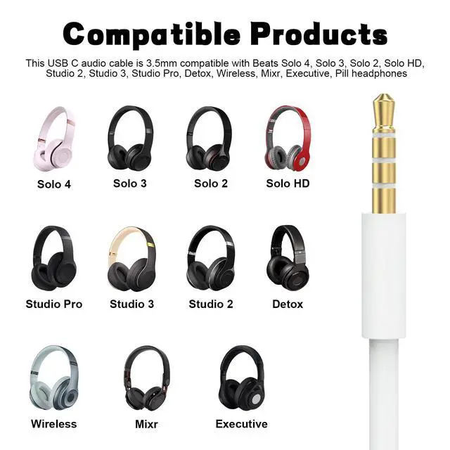 Alt view image 2 of 7 - USB C Audio Cable Cord Wire with In-line Microphone & Control Compatible with Beats Headphones Solo 4/3/2, Studio, Studio Pro, Pro, Detox, Wireless, Mixr, Executive, Pill for IPhone 17/16 (White)