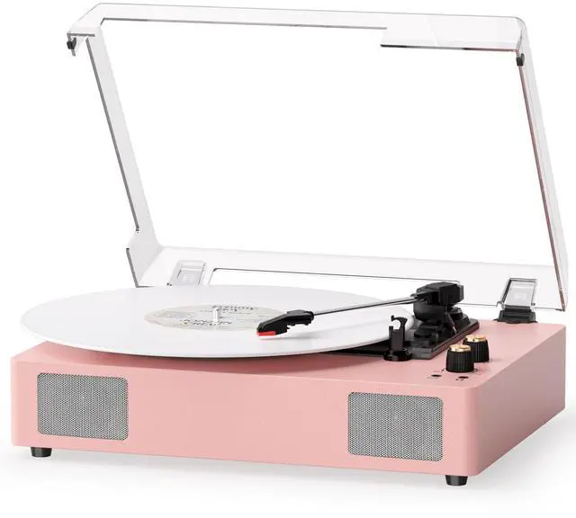 Main image of Pink Bluetooth Record Player, 3-Speed Belt Drive Turntable | Stylish pink design with Bluetooth, 3-speed playback, bass and treble control, stereo speakers, AUX and RCA output