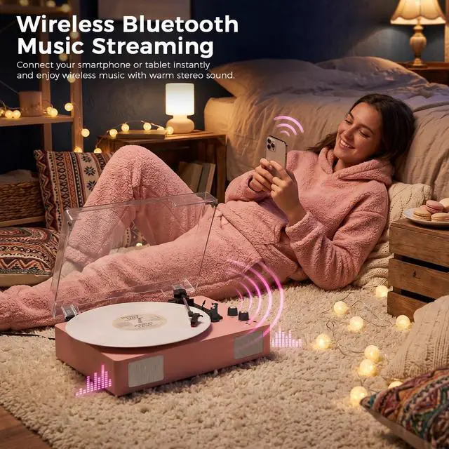 Alt view image 5 of 6 - Pink Bluetooth Record Player, 3-Speed Belt Drive Turntable | Stylish pink design with Bluetooth, 3-speed playback, bass and treble control, stereo speakers, AUX and RCA output