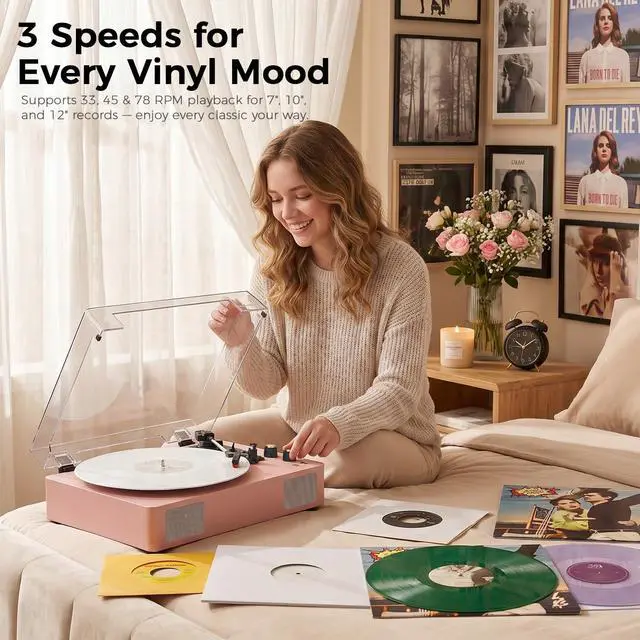 Alt view image 6 of 6 - Pink Bluetooth Record Player, 3-Speed Belt Drive Turntable | Stylish pink design with Bluetooth, 3-speed playback, bass and treble control, stereo speakers, AUX and RCA output