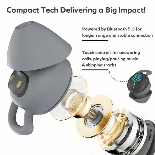 Alt view image 6 of 7 - Noise Cancelling Sleep Earbuds, Invisible Mini Ear Plugs for Work, Black | Wireless Touch Controls, Silicone, Side Sleeper Design, Bluetooth 5.3 Chip, 4Hr Battery, Up To 20Hr With Case, for Sleeping