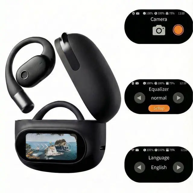 Alt view image 3 of 7 - AO1 Smart Open-Ear Headphones AI Real-Time Translator (164 Languages) | Bluetooth 5.4 | LED Touchscreen Case | 30-Hour Battery | 3D Panoramic Sound | Noise-Reducing Mics