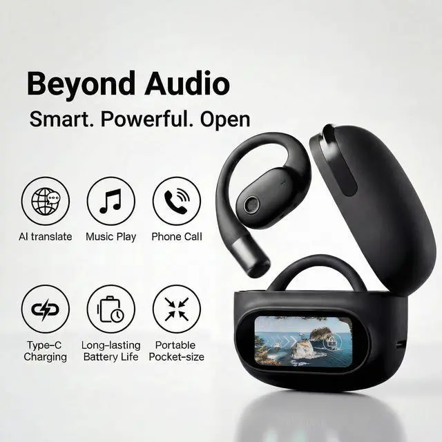 Alt view image 4 of 7 - AO1 Smart Open-Ear Headphones AI Real-Time Translator (164 Languages) | Bluetooth 5.4 | LED Touchscreen Case | 30-Hour Battery | 3D Panoramic Sound | Noise-Reducing Mics
