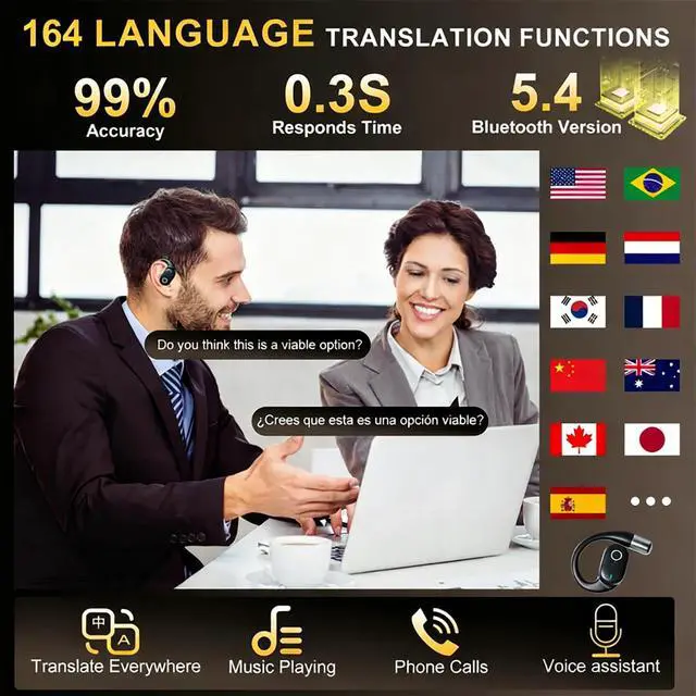 Alt view image 6 of 7 - AO1 Smart Open-Ear Headphones AI Real-Time Translator (164 Languages) | Bluetooth 5.4 | LED Touchscreen Case | 30-Hour Battery | 3D Panoramic Sound | Noise-Reducing Mics