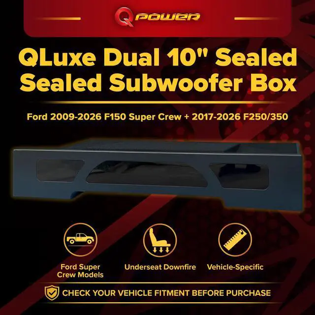 Alt view image 3 of 6 - QPower QLuxe Dual 10" Sealed Subwoofer Enclosure for 2009-Current Ford F150 Super Crew and 2017-2023 F250/F350 Models, MDF Sub Box Car Audio Upgrade