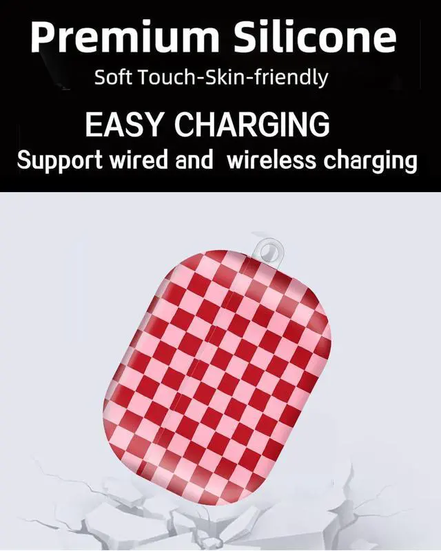 Alt view image 6 of 6 - Compatible with AirPod Pro Case 2nd/1st Gen (2023/2022/2019),Shockproof Protective Cover with Keychain for Women,Cute Charging Case for Airpod Pro 2/1(Red Pink Checkered)