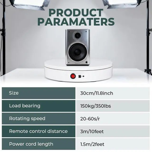 Alt view image 6 of 6 - Photography Turntable 11.8inch/350lb Motorized 360° with Remote | 10ft(3m) Wired Remote, 360° Smooth Rotation for Professional Product Photography, 3D Scanning, Commercial Display, White