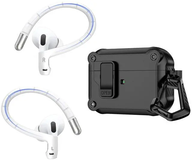 Main image of Titanium Alloy Ear Hooks+Case Cover for AirPods 4th Generation (2024),Black | Added Anti-Lost Lanyard,Accessories That Fit Securely,Anti-slip Earhook Anti-Fall Case,Anti-Scratch,Silicone Ear Hooks