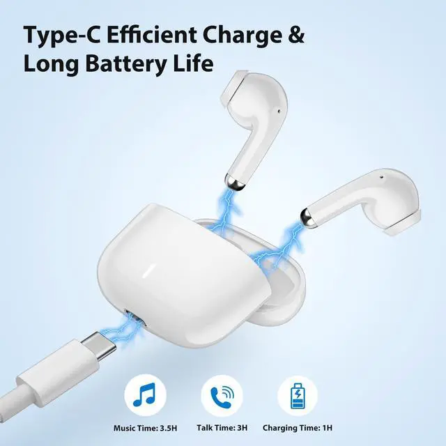 Alt view image 2 of 6 - Bluetooth 5.3 Wireless Earbuds for iPhone Headphone with Mic White | Wireless Headphones for iPhone 17 16 15 14 13 XR/iPad 10th HiFi Stereo Sound Earphones with Mic Noise Cancelling Headset