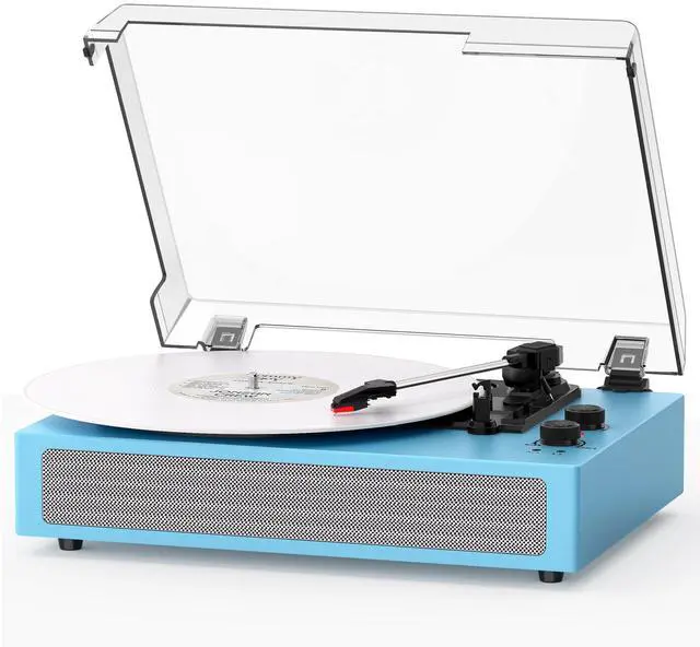 Main image of Sea Blue Bluetooth Record Player, Vintage 3-Speed Turntable | Stylish sea blue design with Bluetooth, 3-speed belt-drive, stereo speakers, auto stop, AUX, RCA and headphone jack