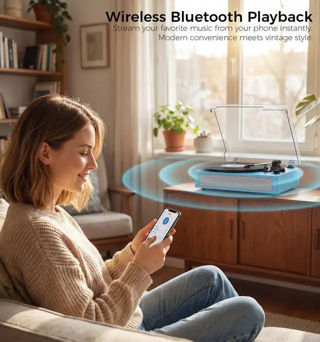 Alt view image 3 of 6 - Sea Blue Bluetooth Record Player, Vintage 3-Speed Turntable | Stylish sea blue design with Bluetooth, 3-speed belt-drive, stereo speakers, auto stop, AUX, RCA and headphone jack