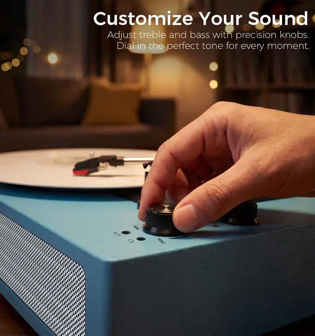Alt view image 5 of 6 - Sea Blue Bluetooth Record Player, Vintage 3-Speed Turntable | Stylish sea blue design with Bluetooth, 3-speed belt-drive, stereo speakers, auto stop, AUX, RCA and headphone jack