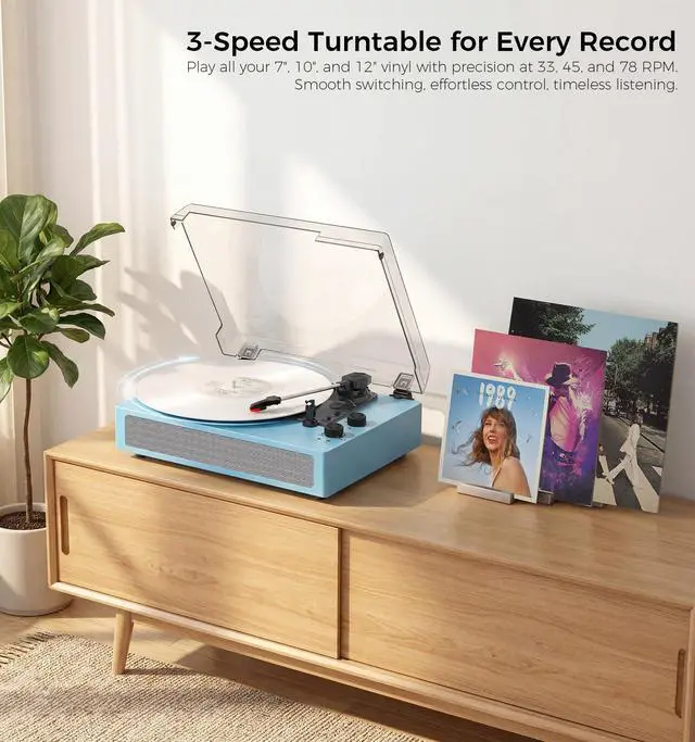 Alt view image 6 of 6 - Sea Blue Bluetooth Record Player, Vintage 3-Speed Turntable | Stylish sea blue design with Bluetooth, 3-speed belt-drive, stereo speakers, auto stop, AUX, RCA and headphone jack
